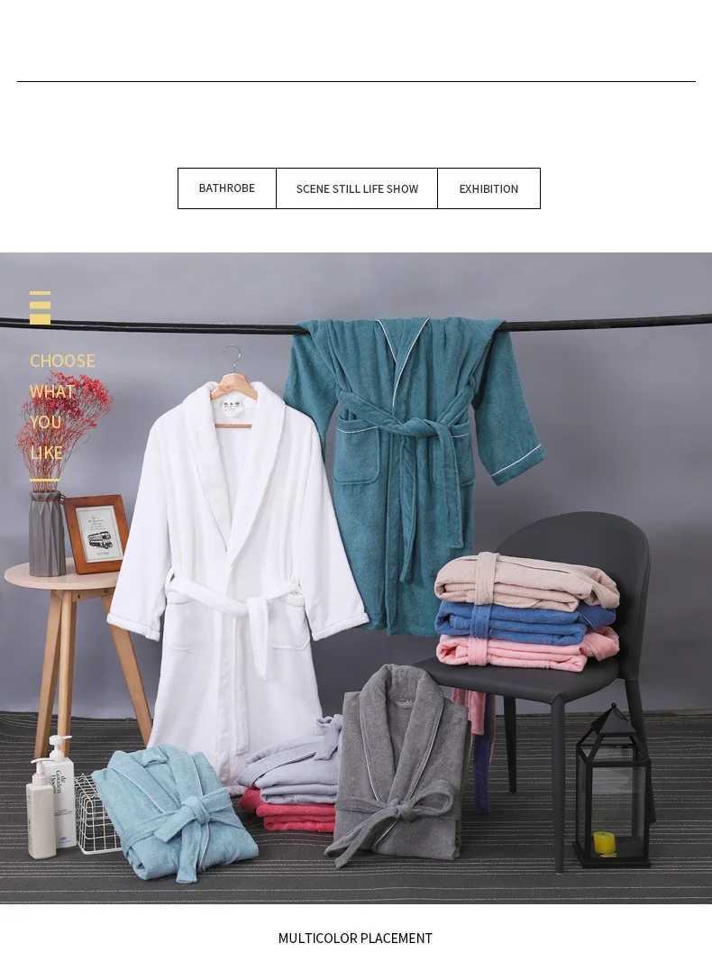 Spring Autumn Pure Cotton Plain Color Hotel Bathrobes Robe Unisex Long-sleeve Terry Bathrobe Plus Size Pijamas Lovers Sleepwear C251104
