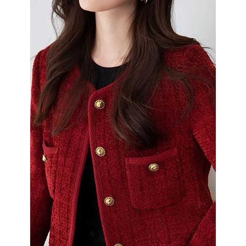 Lucyever Wine Red Tweed Coats Female 2025 Autumn Winter New Fashion Temperament Short Jacket Korean AllMatch ONeck Outerwear J251103