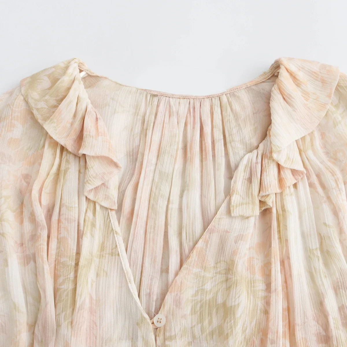 ZBZA Womens Floral Print Shirt V-neck Long Sleeve Single-breasted Asymmetrical Hem Top Spring and Summer Casual Chic Shirt 250403