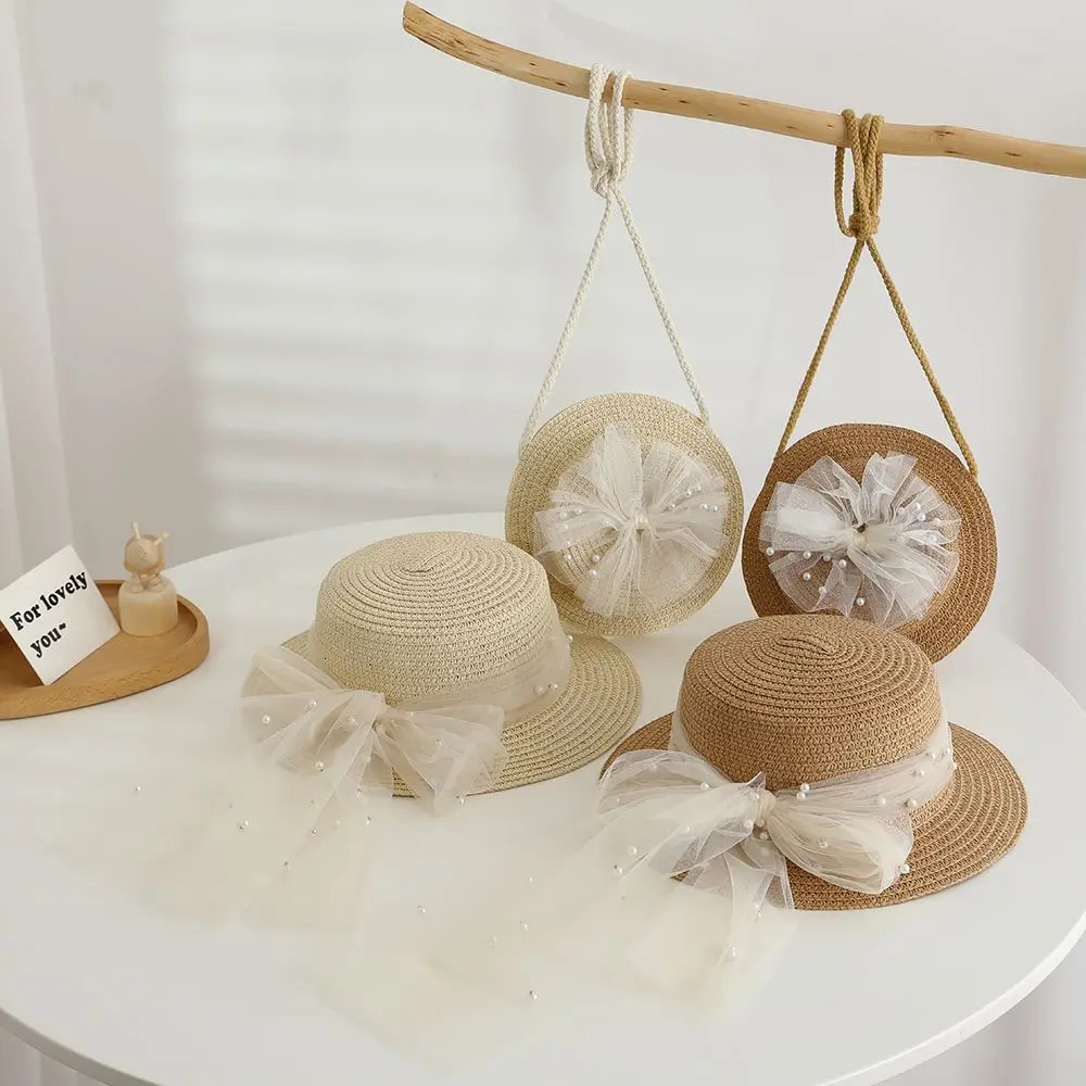 2pcs set Girls Straw Hat Shoulder Bag Kids Summer Holiday Fisherman Hats Baby Princess Lace Pearl Bowknot Beach Straw Sun Cap 250326