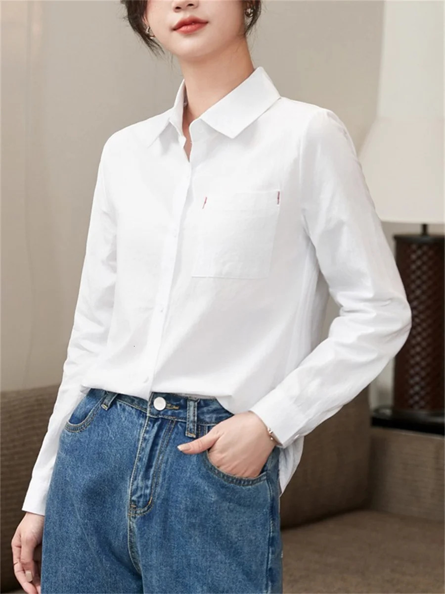 Women Spring Autumn Style Cotton and linen Blouses Shirts Lady Casual Long Sleeve Turn-down Collar White Blouses Tops DF4894 250403