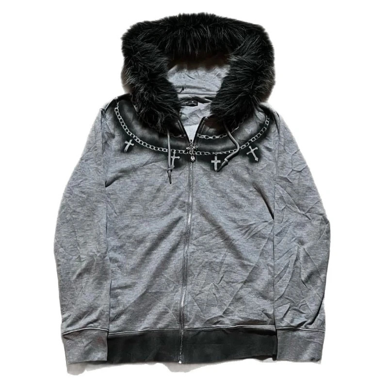 Mens Hoodie Y2K Gothic Streetwear Gray Zip Up Sweatshirt Faux Fur Hood Chain Cross Decor Vintage Washed Dark Punk Casual Fashion 251103