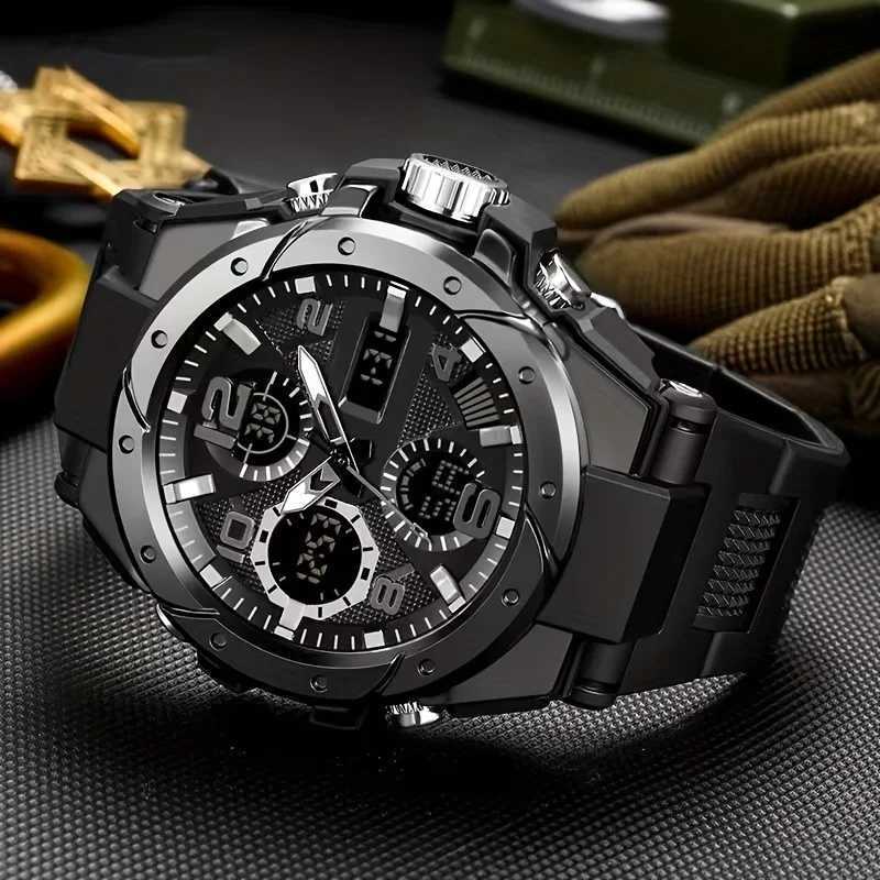 Rugged Dual Display Mens Sports Watch - Automatic Quartz Digital Black Alloy Case TPU Strap Chronograph Alarm MultifuncT251104