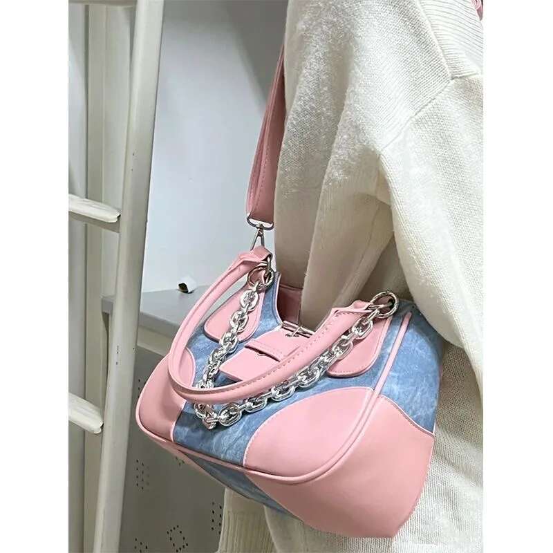 Y2k Pink Shoulder Bag For Women Designer Gothic Crossbody Handbag Chain Motor Style Cool Girl Denim Large Capacity New