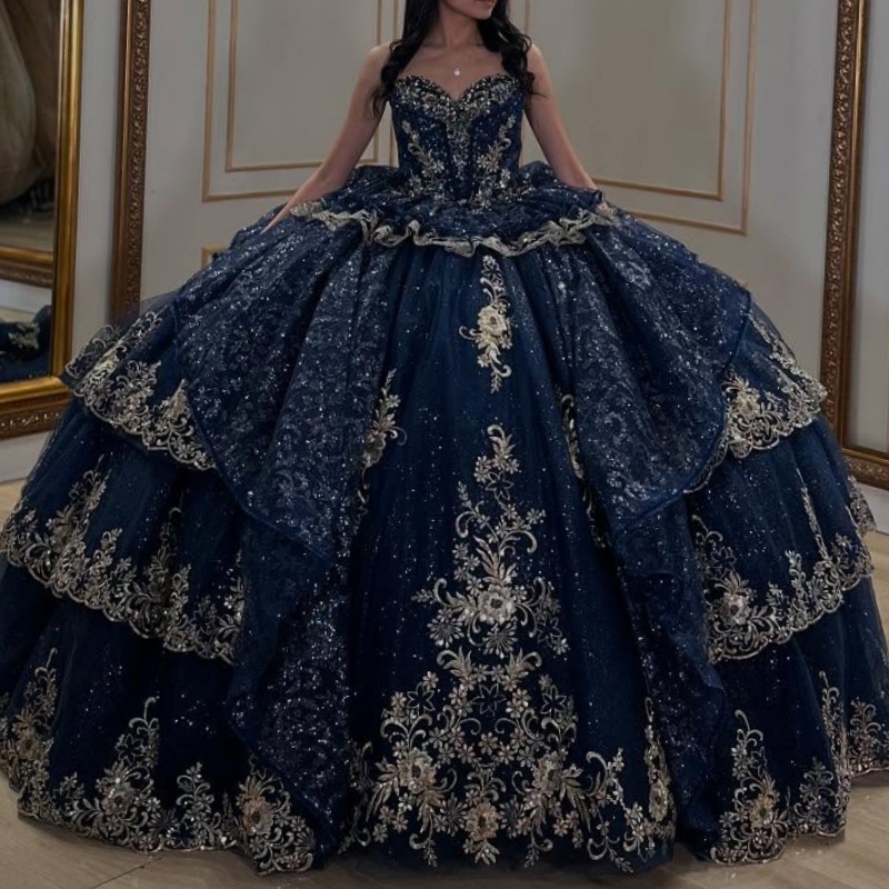 Navy Blue Shiny Quinceanera Dresses Off Shoulder Ball Gown Sweet 16 Dress Sequin Applique Beading Crystal Tull Birthday Party Vestidos 15 Anos