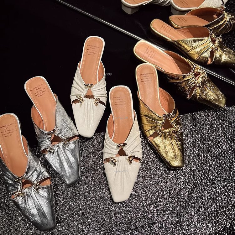 New Designer Sandals With Free Shipping Small Square Head Hollow Wrinkle Medium Thick Heel Half Dragged Metal Buckle Baotou Slippers For Women's 