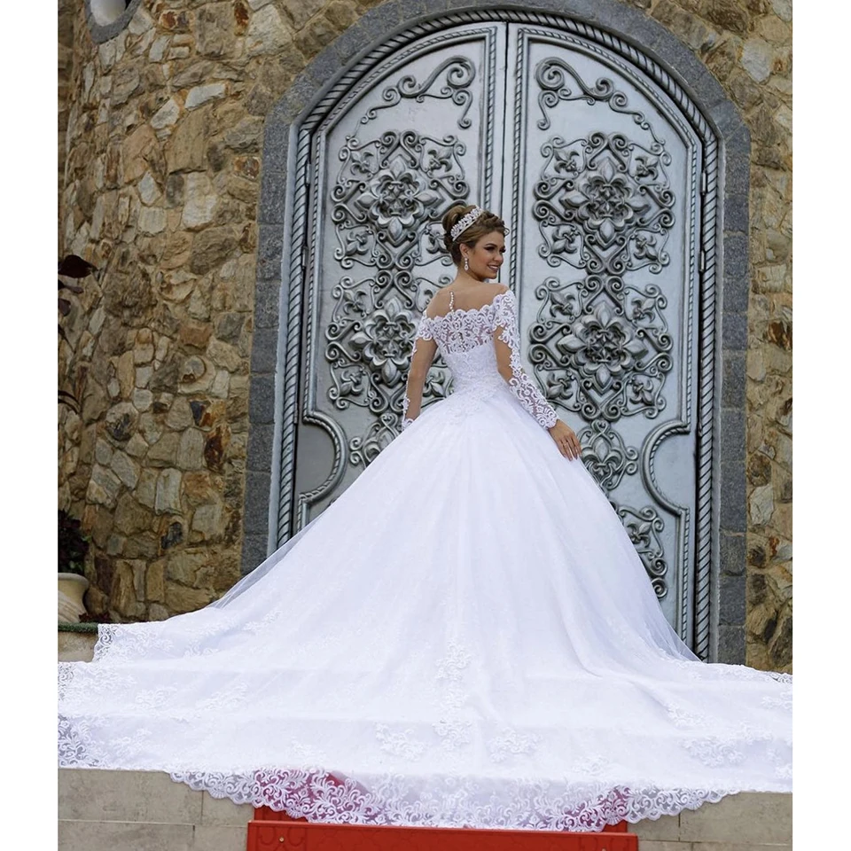 Long Sleeves Princess Wedding Dresses Lace Appliques Chapel Train Bridal Gown Elegant White Vestido De Novia 2025