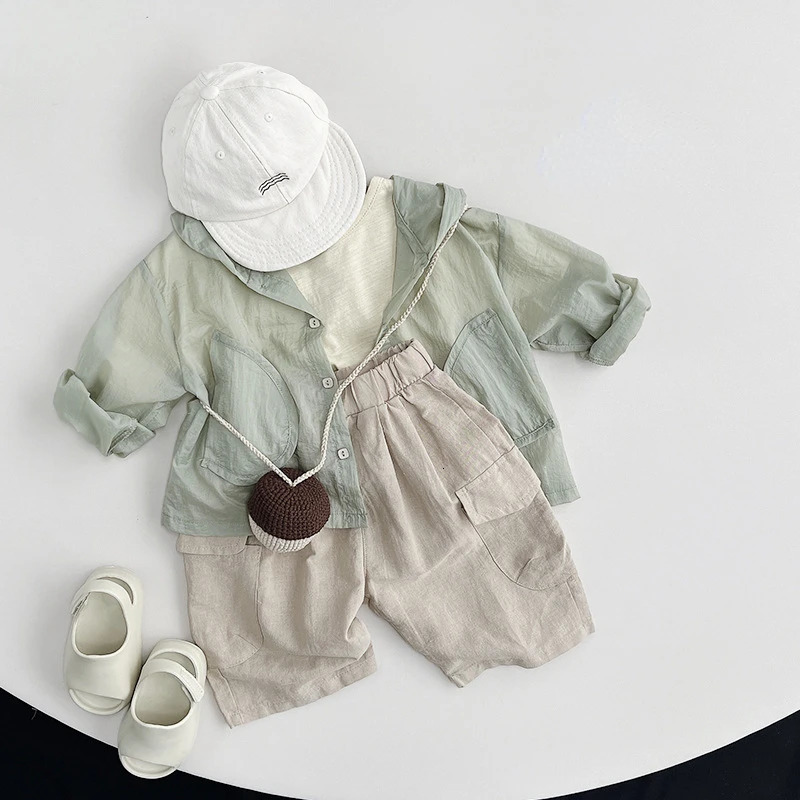 Summer Air Conditioning Shirt for Boys Lightweight Breathable Sunscreen Clothing Girls Retro Jacket Casual Childrens 250325z