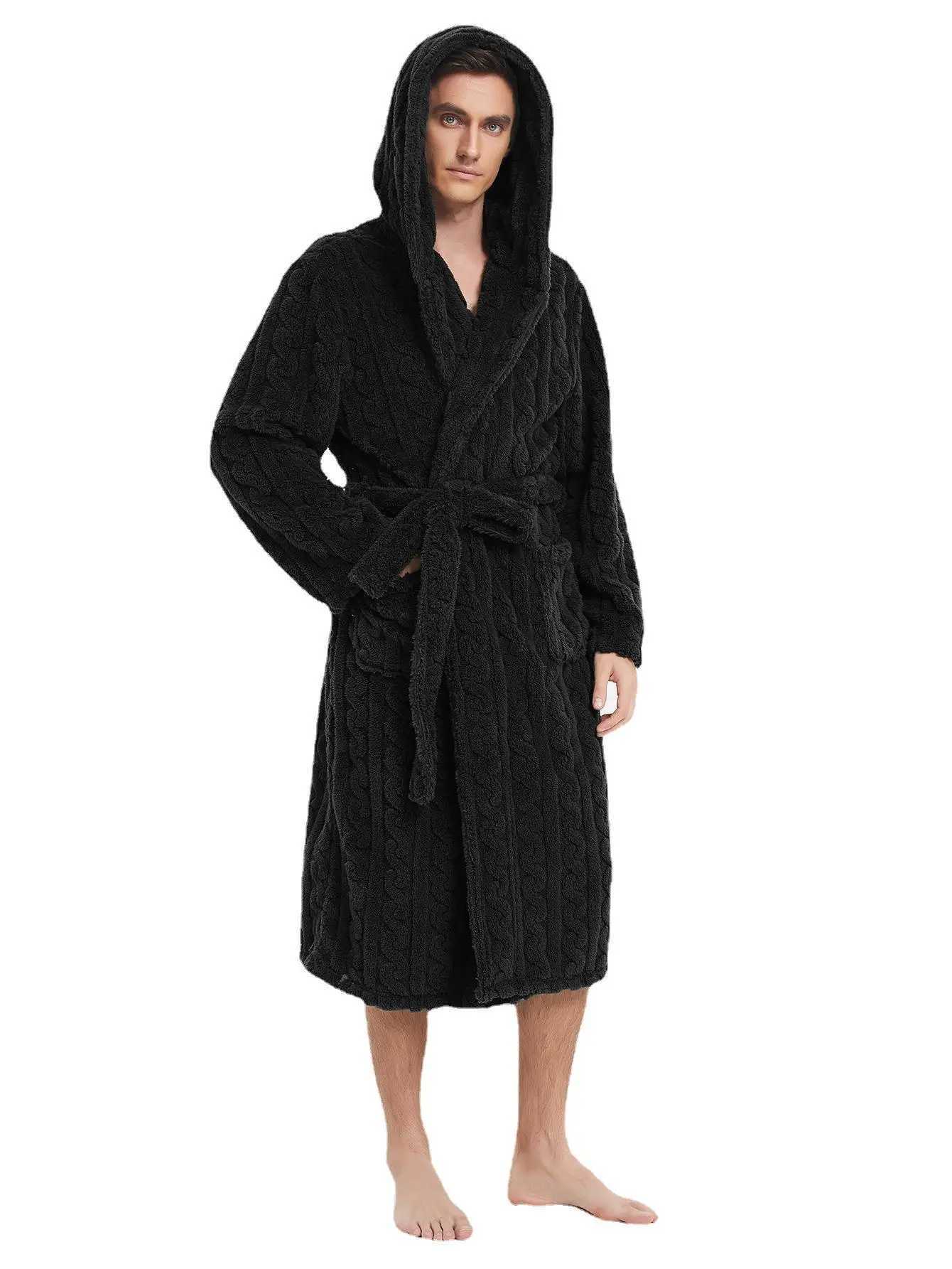 Jacquard Mens Bathrobe Solid Long Sleeve Winter Warm Male Kimono with Sashes Thick Hooded Pockets Men Bath Robe 2025 C251104