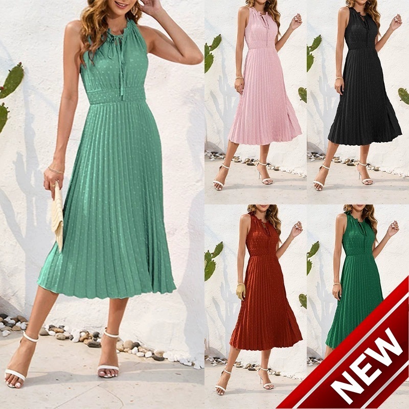 2025 Summer Fashion Round Neck Drawstring Strap Hundred Fold Medium Length Womens Dress