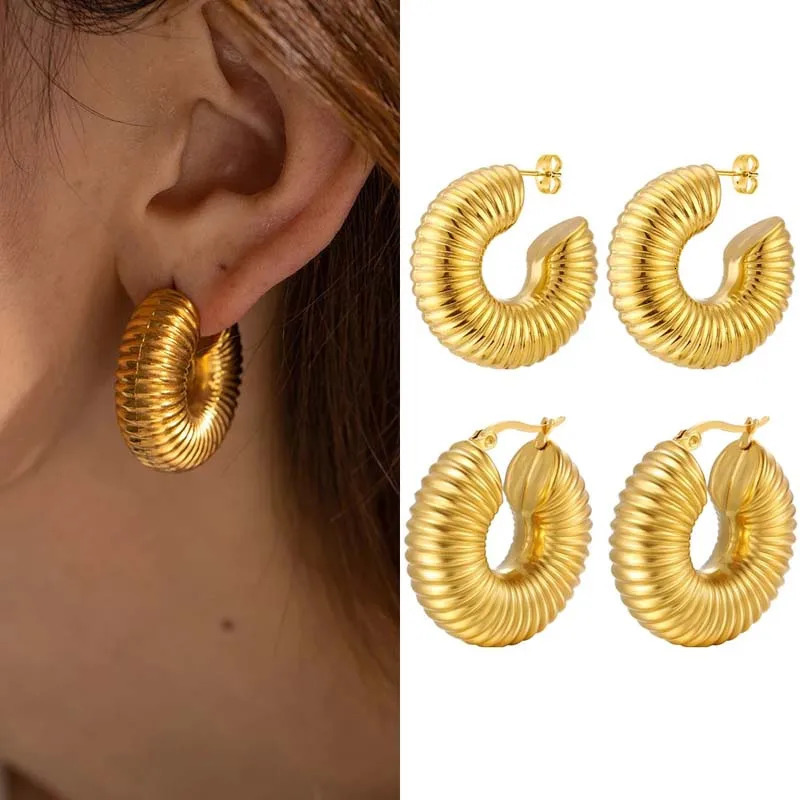 Fashion Gold Plated Round Thick Hoop Earrings for Women Metal Thread Texture Jewelry Gifts 250326