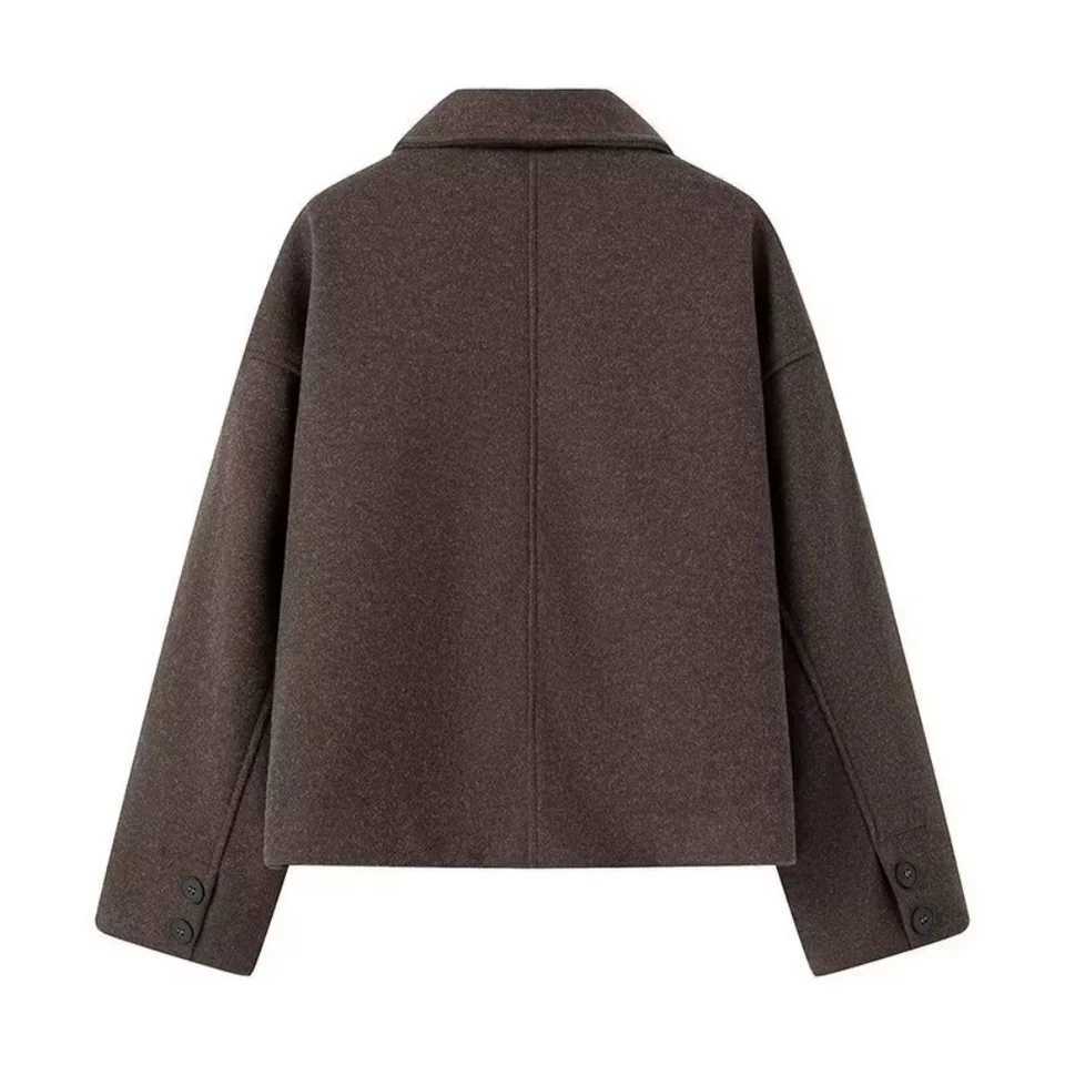 womens woolen loose top with lapel long sleeved button pocket autumn and winter new fashion woolen short jacket J251103