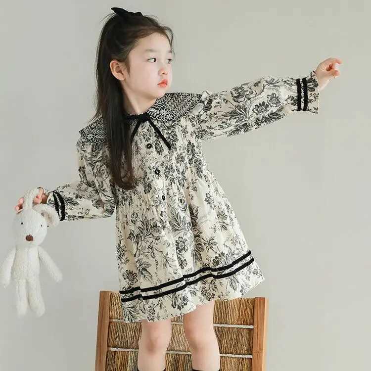 Girls Spring Autumn Dress Embroidered Floral Fashionable Long Sleeve Dress Stylish Peter Pan Collar Autumn Dress C251104