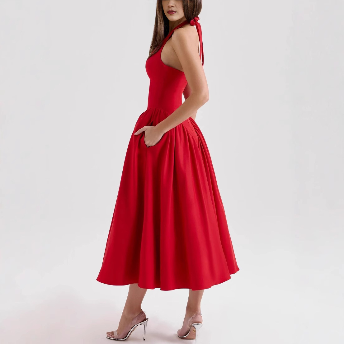 New 2025 Spring/Summer Collection Hanging Neck Splicing Solid Color Strap Dress for Slimming