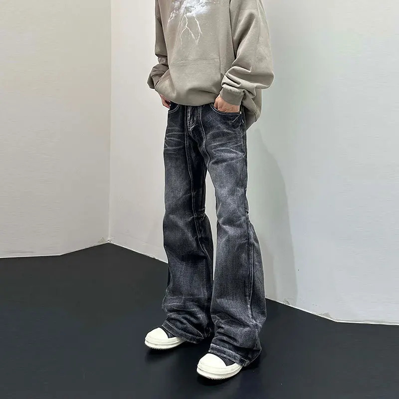 Mens flat pants denim pants floor length jeans casual pockets buttons zippers high waisted autumn patchwork straight Trousers 250402