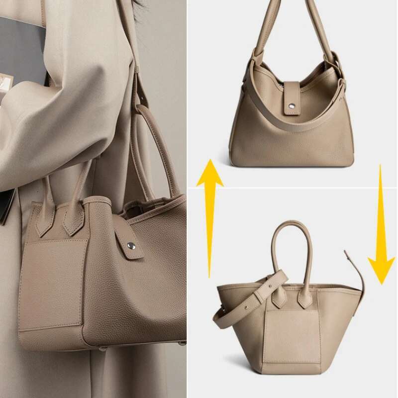 Convertible Transformable Cowhide Crossbody Shoulder Bag,Genuine Full-Grain Leather Shopper Bucket Basket Bag, Handbag