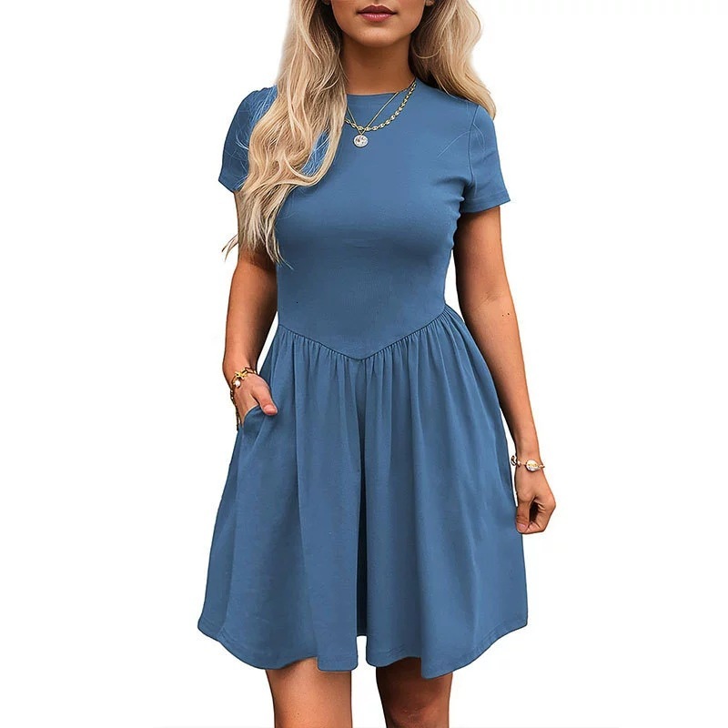 New 2025 spring/summer womens casual round neck short sleeved pleated solid color dress