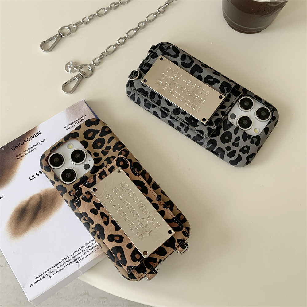 INS Leopard Print Crossbody Calendar Card Holder Phone Case Compatible with iPhone 17/16/15 Pro Simple Shockproof