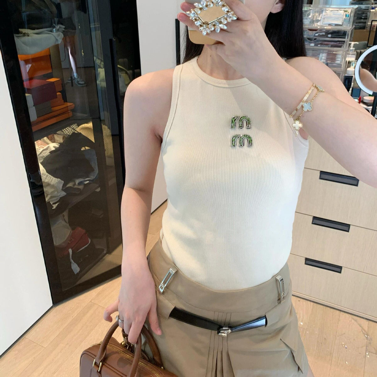MM limited edition short vest women's beige color diamond exposed navel outfit simple and versatile trendy brand basic suspender bottom