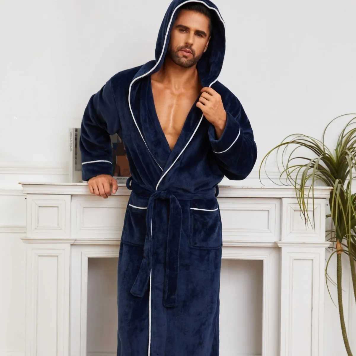 Men Large Size Flannel Long Robe Autumn Winter Couple Sleepwear Kimono Bathrobe Gown Nightgown Loose Coral Fleece Homewear C251104