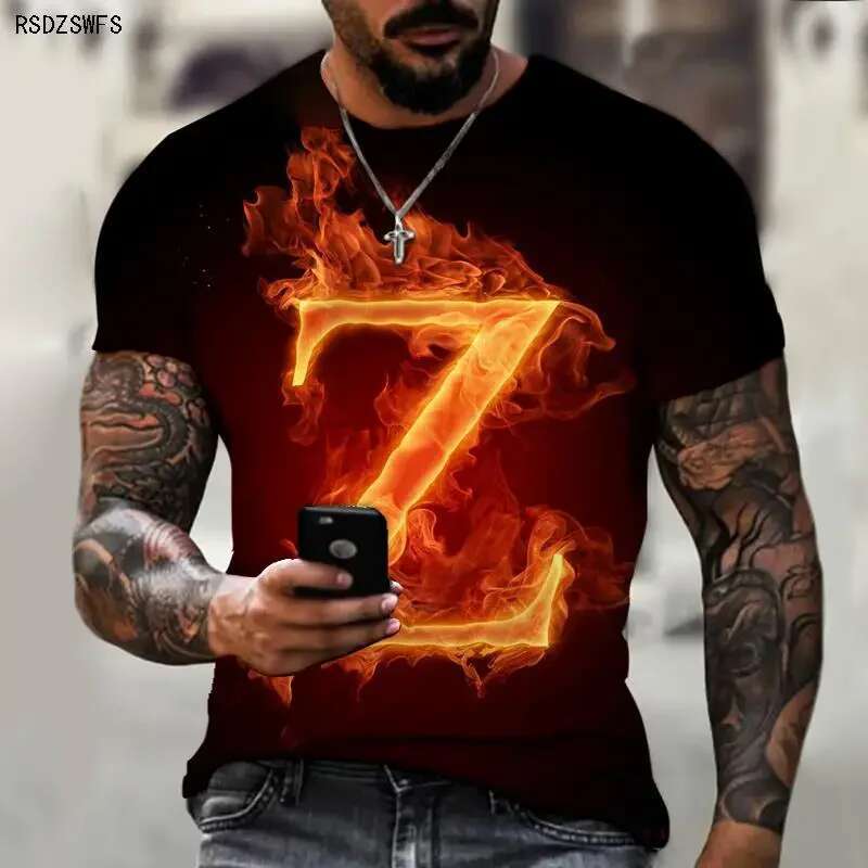 New Men's T-shirt 3D Printed Flame Initial Fashionable and Cool Street Top Plus Size Round Neck Short Sleeve