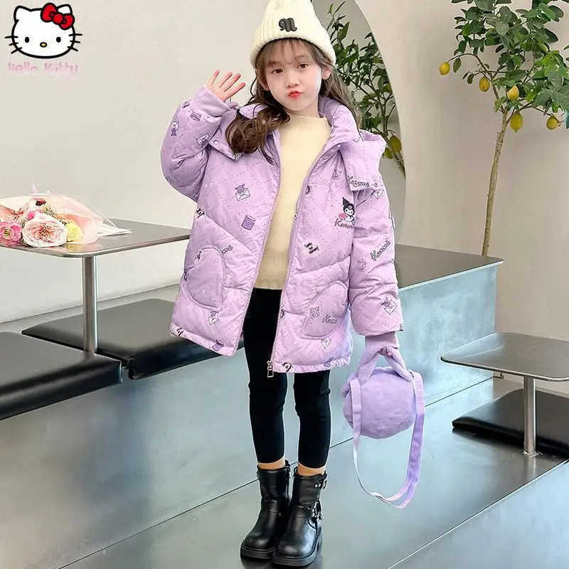 Sanrio Anime Cartoon Girls Kuromi Thickened Hooded Down Jacket Kawaii Winter New Kids Warm Cotton Jacket Customer Service Tops H251104