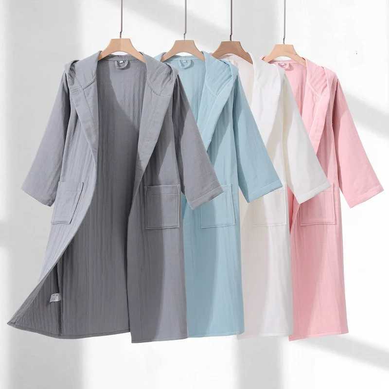 100 Cotton 4 Layer Gauze Kimono Robe 2024 New Women And Men Hooded Bathrobe Nightgown Soft Home Clothes Solid Hotal Spa Robes C251104