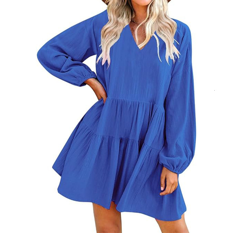 Loose long sleeved dress fashionable V-neck solid color splicing large swing lantern sleeve dress