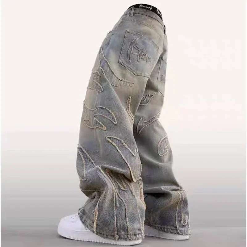 Gothic Retro High Waisted Wide Leg Trousers 2025 Y2k Hip Hop Baggy Men's Street Fashion Raw Edge Embroidered Jeans