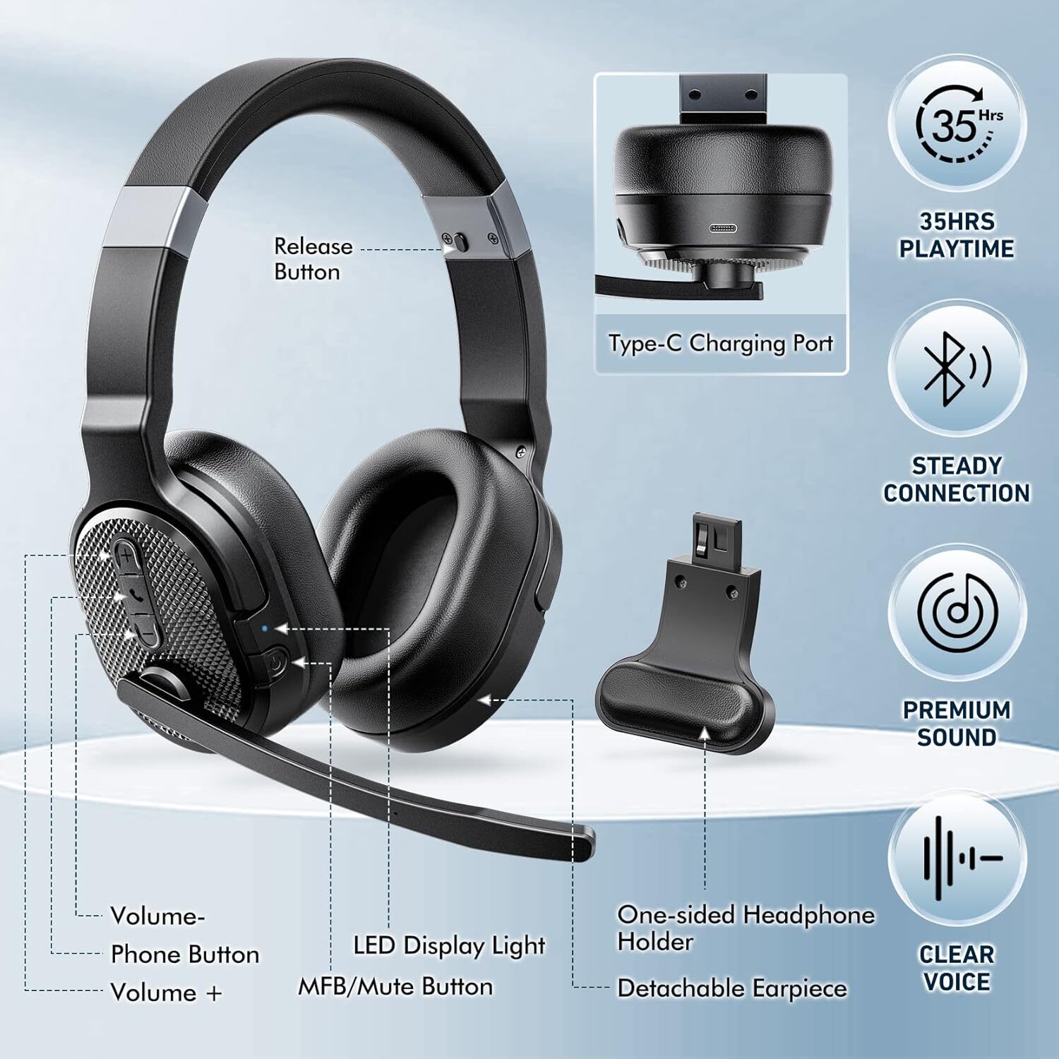 COSMUSIS Truck Driver Wireless Earphones Noise Cancelg Microphone, 50+Hour HD Call Bluetooth Earphones, with Removable Ear Pads/Single+Dual Mode, Suit