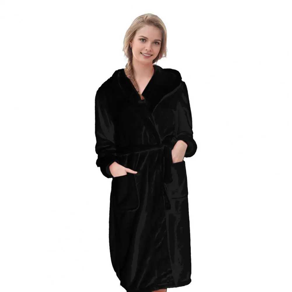 Lounge Couple Robe Winter Nightgown Thick Fleece Warm Lace Up Adjustable Waistband Hooded Homewear Bathrobe C251104