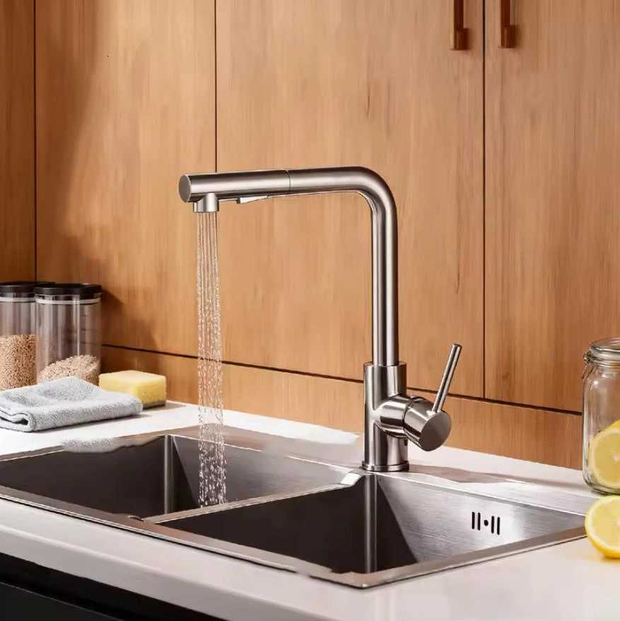 Upgraded Black grey Pl-Out Telescopic Rotary Kitchen Faucet Stainless Steel Hot Cold Dual Mode Easy Install Water Outlet Y251104