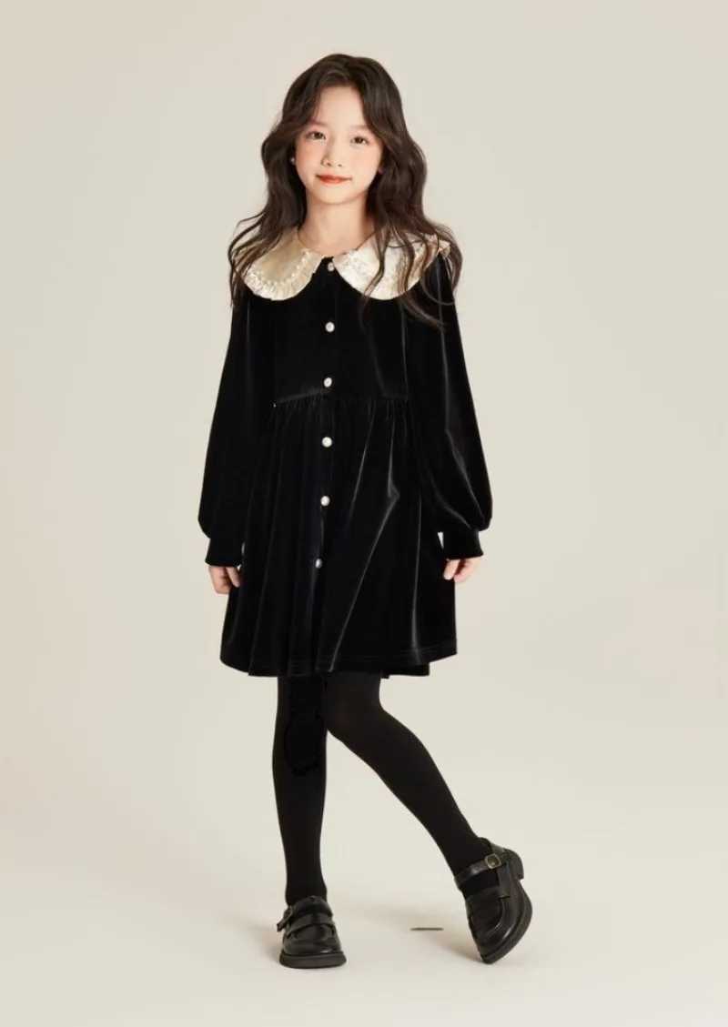 Girls Autumn/Winter High-end Fleece-lined Velvet Elegant Black Princess Gown Dress - 4-12 Years Old C251104