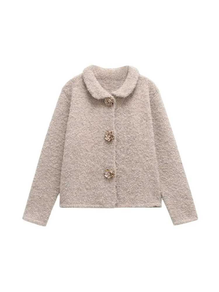 Womens Floral Button Knit Cardigan Sweater Lapel Collar Long Sleeve Chic Outerwear Fashion Top J251103
