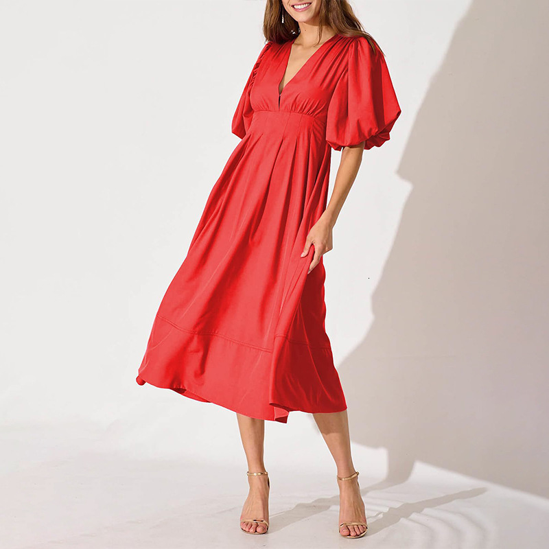 New 2025 Spring/Summer Womens Intelligent and Elegant V-neck Solid Color Dress