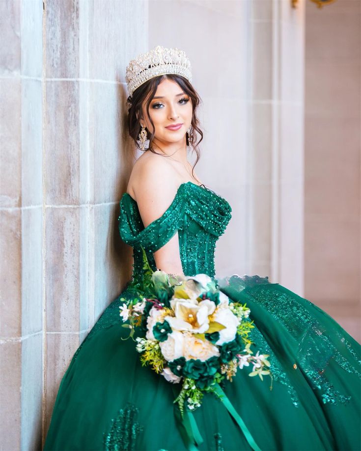 Dark Green Floral Crystal Sequined Ball Gown Quinceanera Dresses Sweetheart 3D Flowers Ruffles Corset Sweet 15 Vestidos De Anos