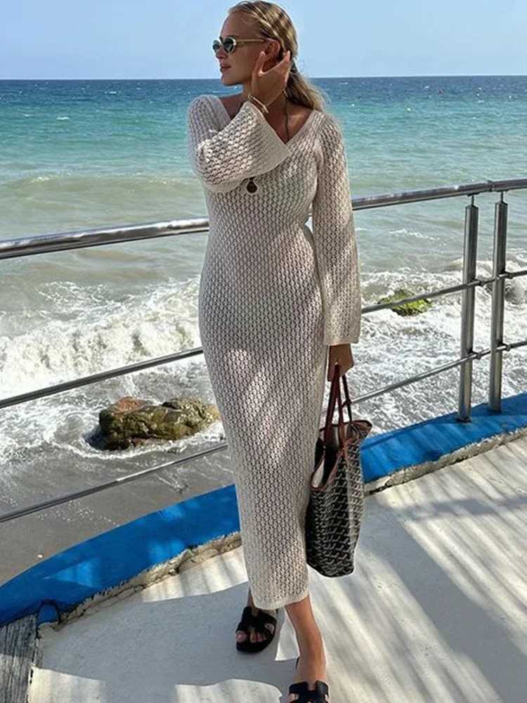 Trendix Knitted Crochet Cover Up Dress Women White Hollow Long Slve Maxi Dresses Vacation V Neck Backless Beach Dress Femme X250403