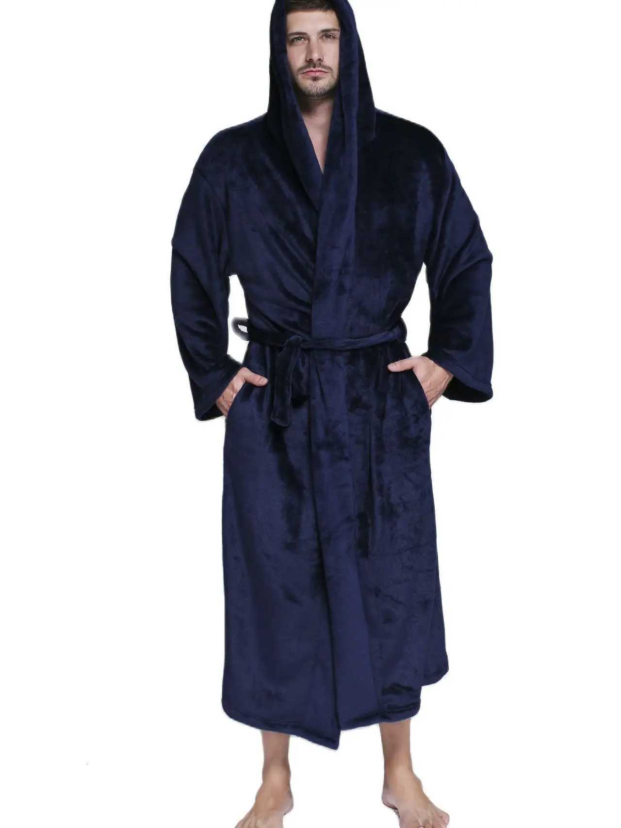 Mens Autumn Winter Warm Plus Size Hooded Long Flannel Fleece Bathrobe Male Black Jacquard Sexy Cozy Robes Night Sleepwear Gown C251104