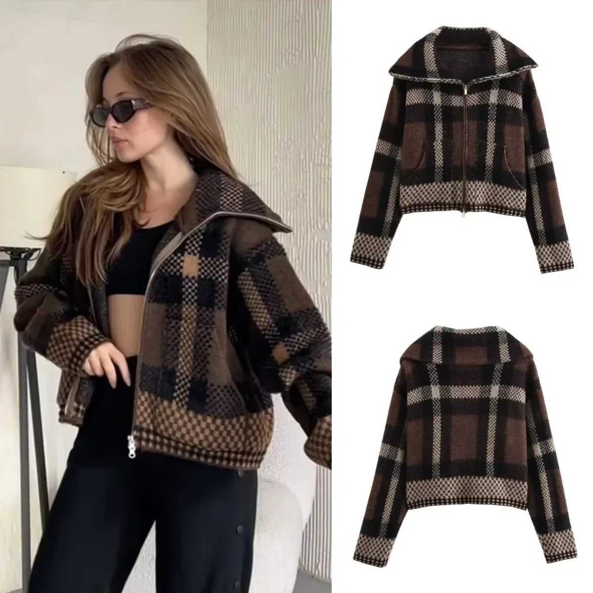Vintage Plaid Woman Jacket Single Breasted Office Lapel Pocket Casual Thicken Coat Ladies Spring High Street Warm Outwear 2025 J251103