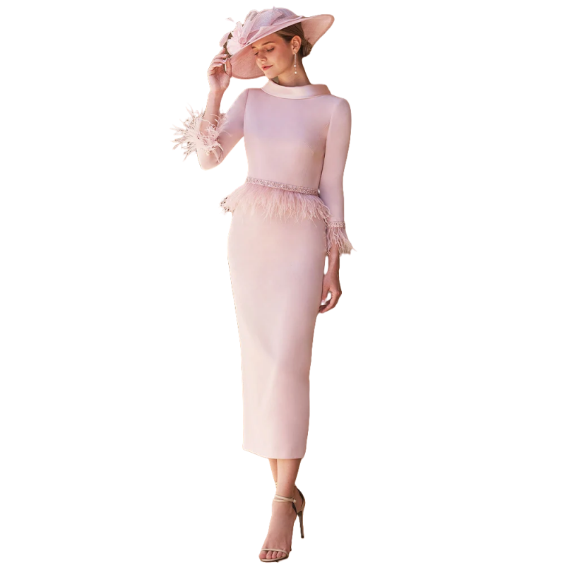 Elegant Sheath Tea-Length Mother Of The Bride Dresses With Feather Sleeves Beaded Blush Pink Satin Wedding Party Gown For Women Guest 2025 Groom Mom F