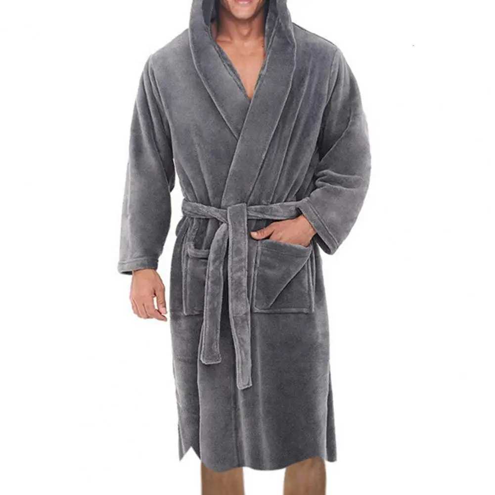 Belt Flannel Bath Robe for Men Pockets Warm Men Hooded Nightgown Plush Bathrobe Men Sleepwear Home Clothes Loose Pajamas Robe C251104