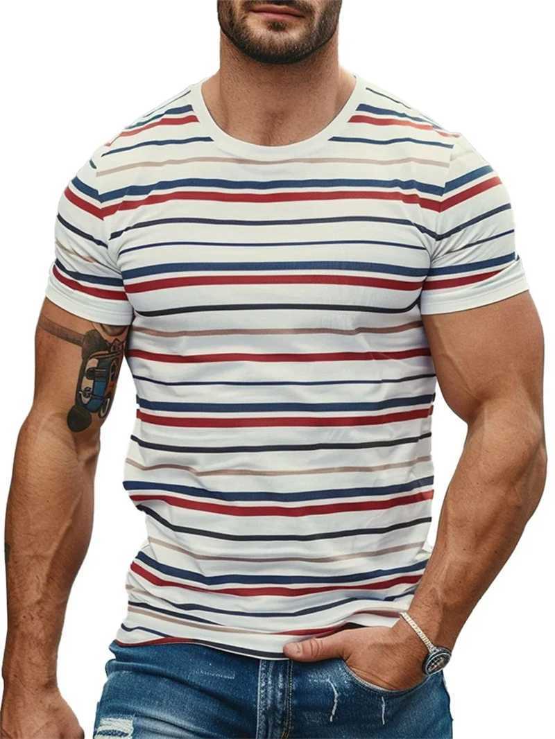 Fashion striped 3D printed mens T-shirt summer casual crew collar short sleeved T-shirt loose quick drying breathable T-shirt top W250403
