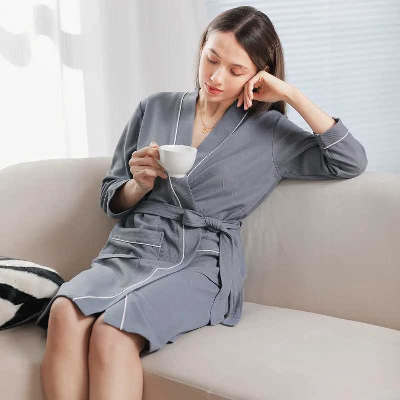 Autumn Long Sleeve Solid Waffle Kimono Unisex Lovers Soft Bath Robe Casual Home Nightrobe Sleepwear Solid Hotel Robe Bathrobe C251104