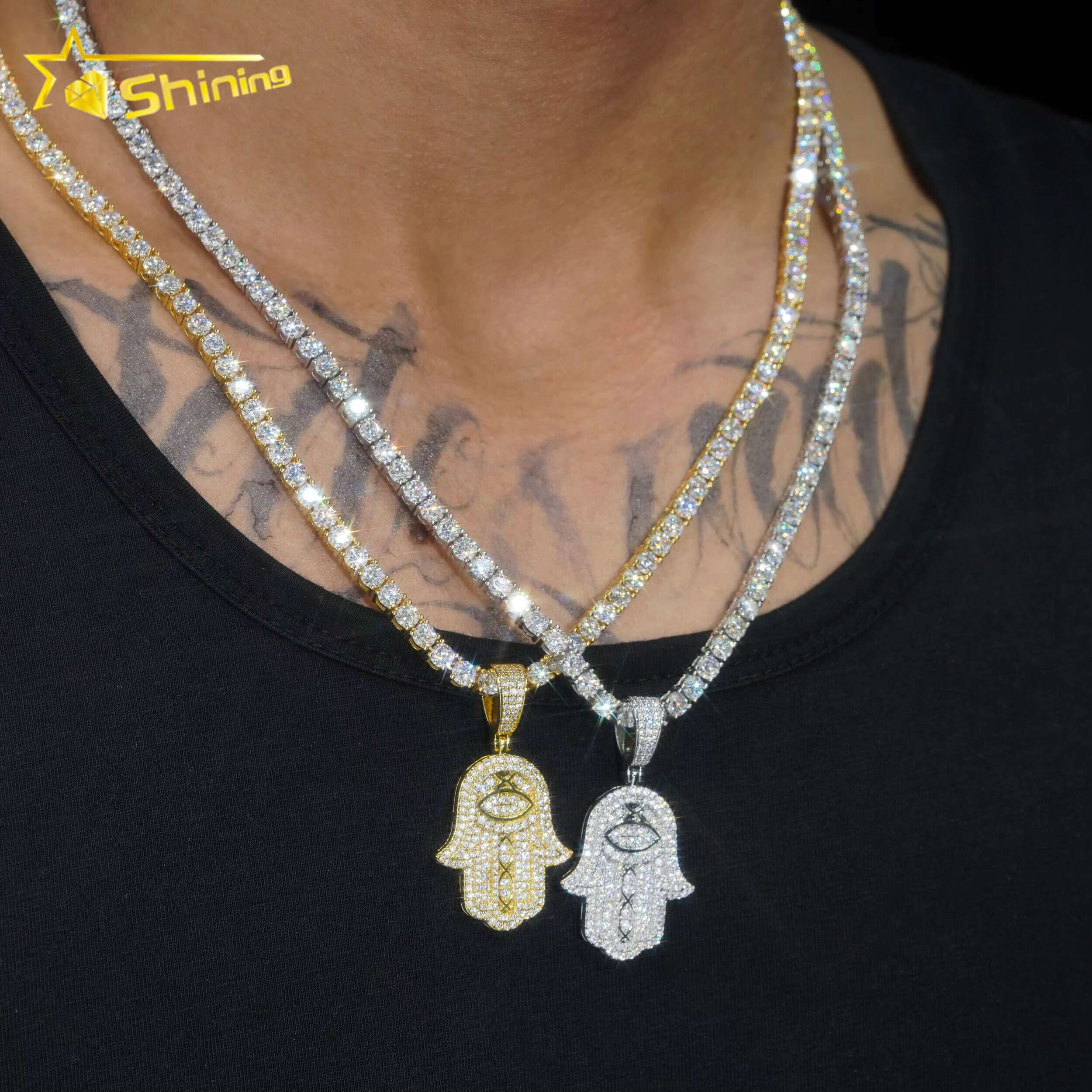 New Arrival Hip Hop Jewelry 18k Gold Plated Brass Pendants 5a Cz Diamond Hamsa Hand Charm Pendants with Tennis Chains