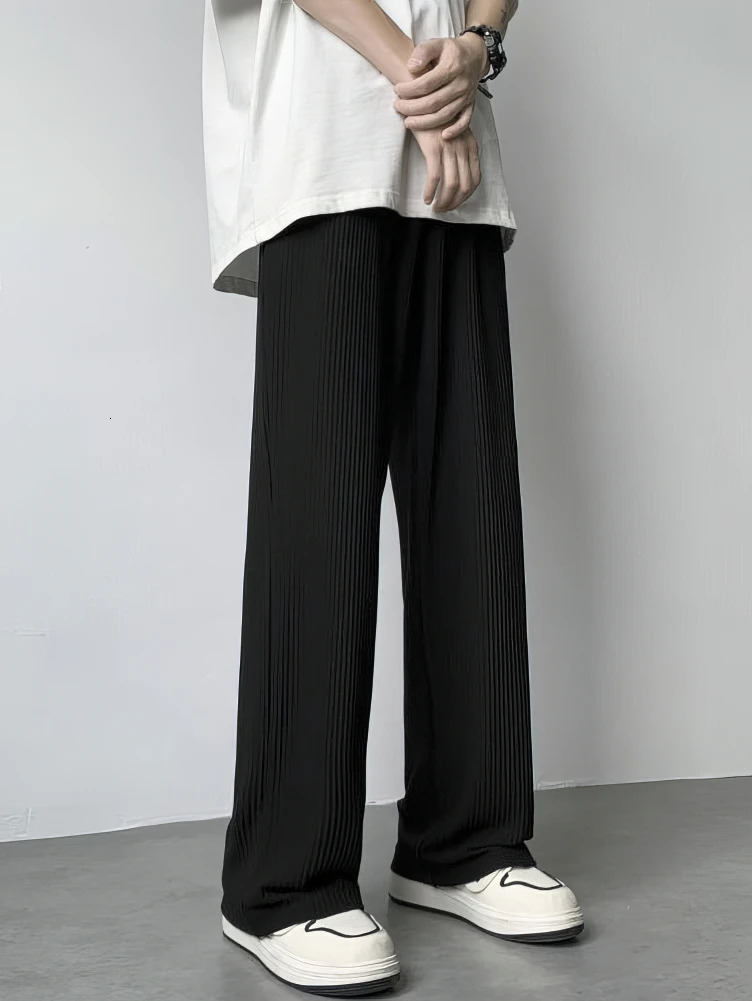 Summer straight silk casual pants mens high waisted pleated pants thin sports wide leg sports pants mens bag 250402
