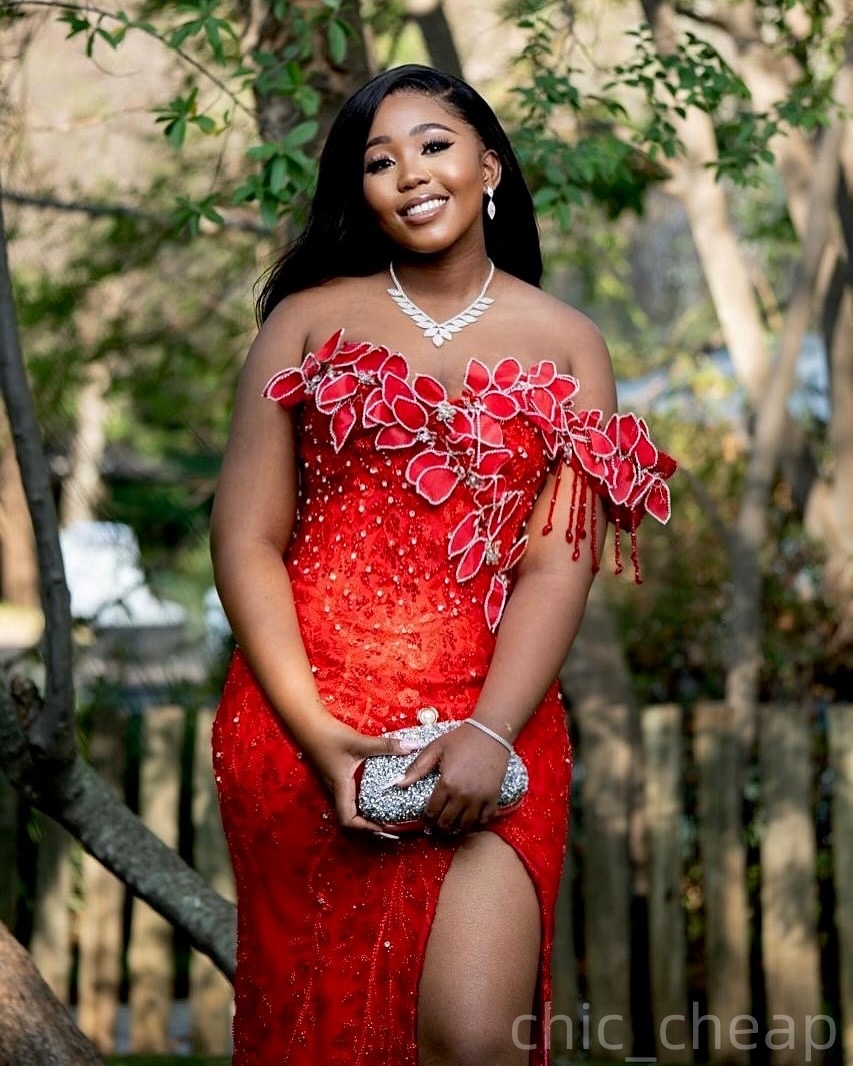 Red Mermaid Prom Dresses 2026 Florals Crystals High Split Sequined Evening Formal Party Second Birthday Engagement Gowns Plus Size Dress For Special O