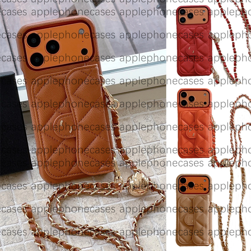 Crossbody Designer Phone Case for Apple iPhone 17 Pro max 16 15 14 13 12 Luxury Caviar Leather Chains Card Holder Strap Velvet Lining Hard Shell Back Cover Coque Funda