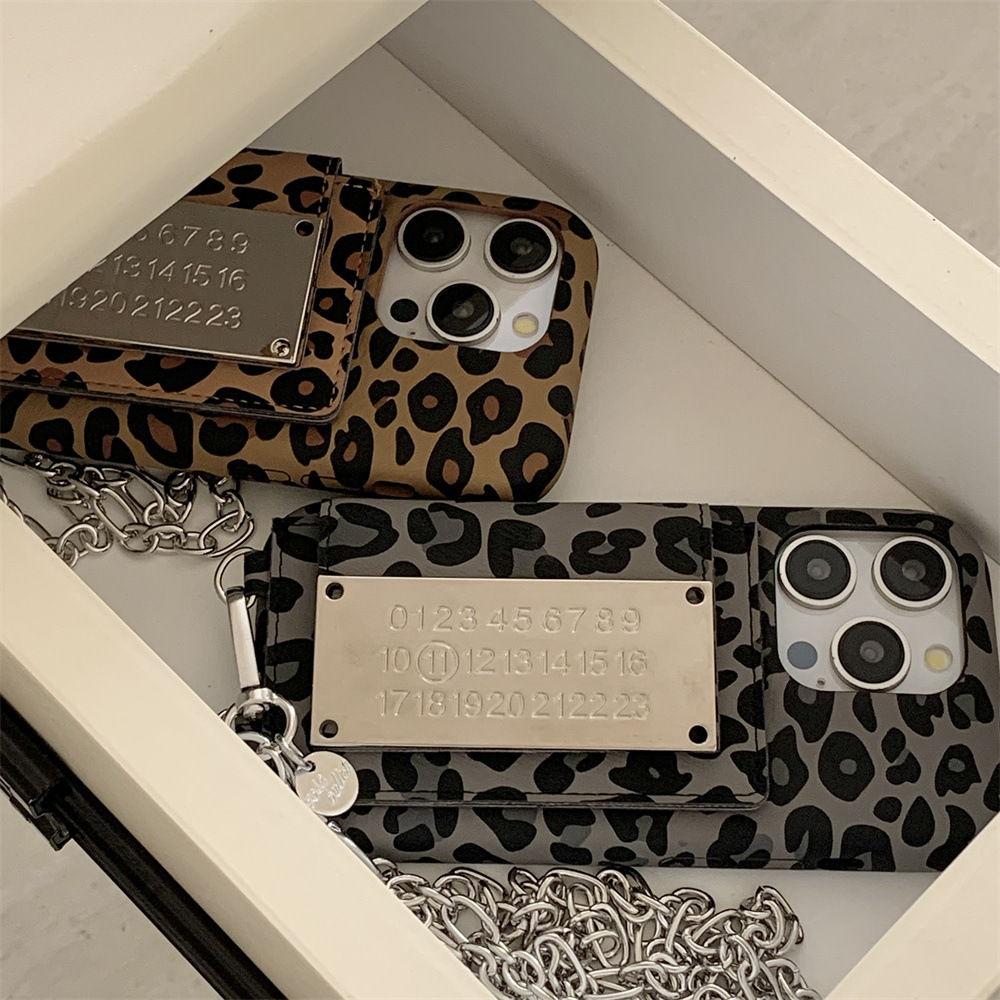 INS Leopard Print Crossbody Calendar Card Holder Phone Case Compatible with iPhone 17/16/15 Pro Simple Shockproof