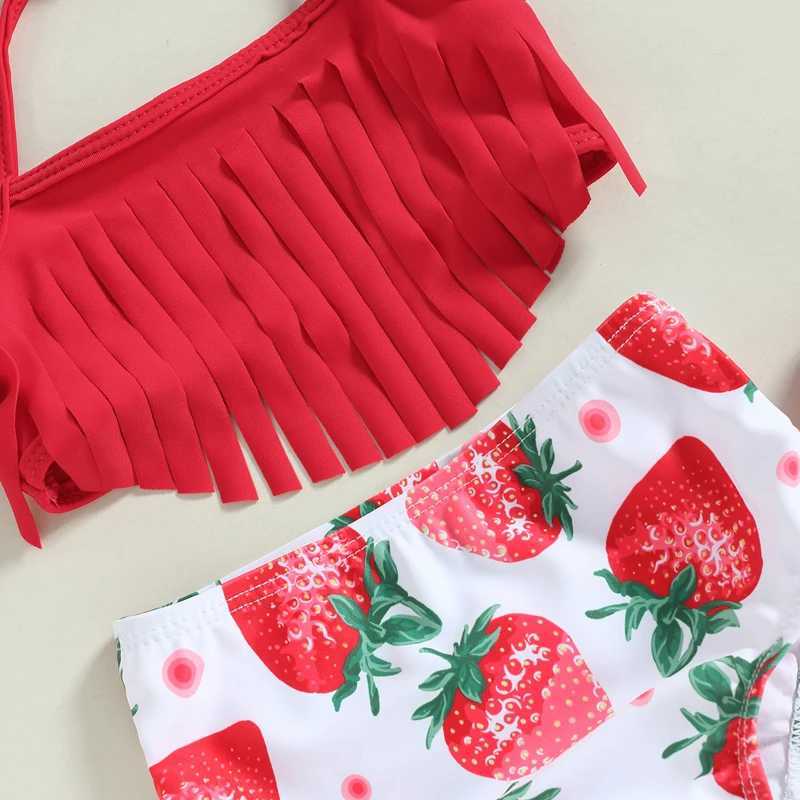0-3Y Summer Baby Girls 3-Piece Strap Bikini Set Strawberry Printed Tassel Swimsuit Childrens Beach Wear J250403