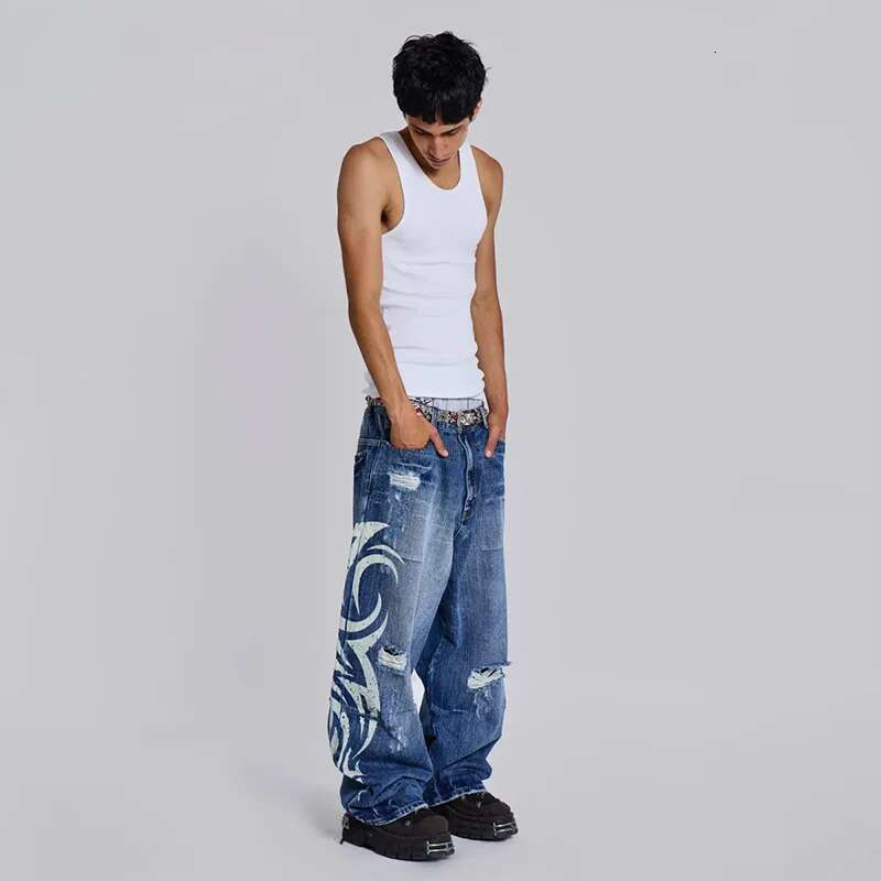 Y2k Baggy Jeans Gothic Vintage Printing Pattern Washed Ripped Hip Hop Streetwear Haruku Men Women Casual Wide Leg Jeans